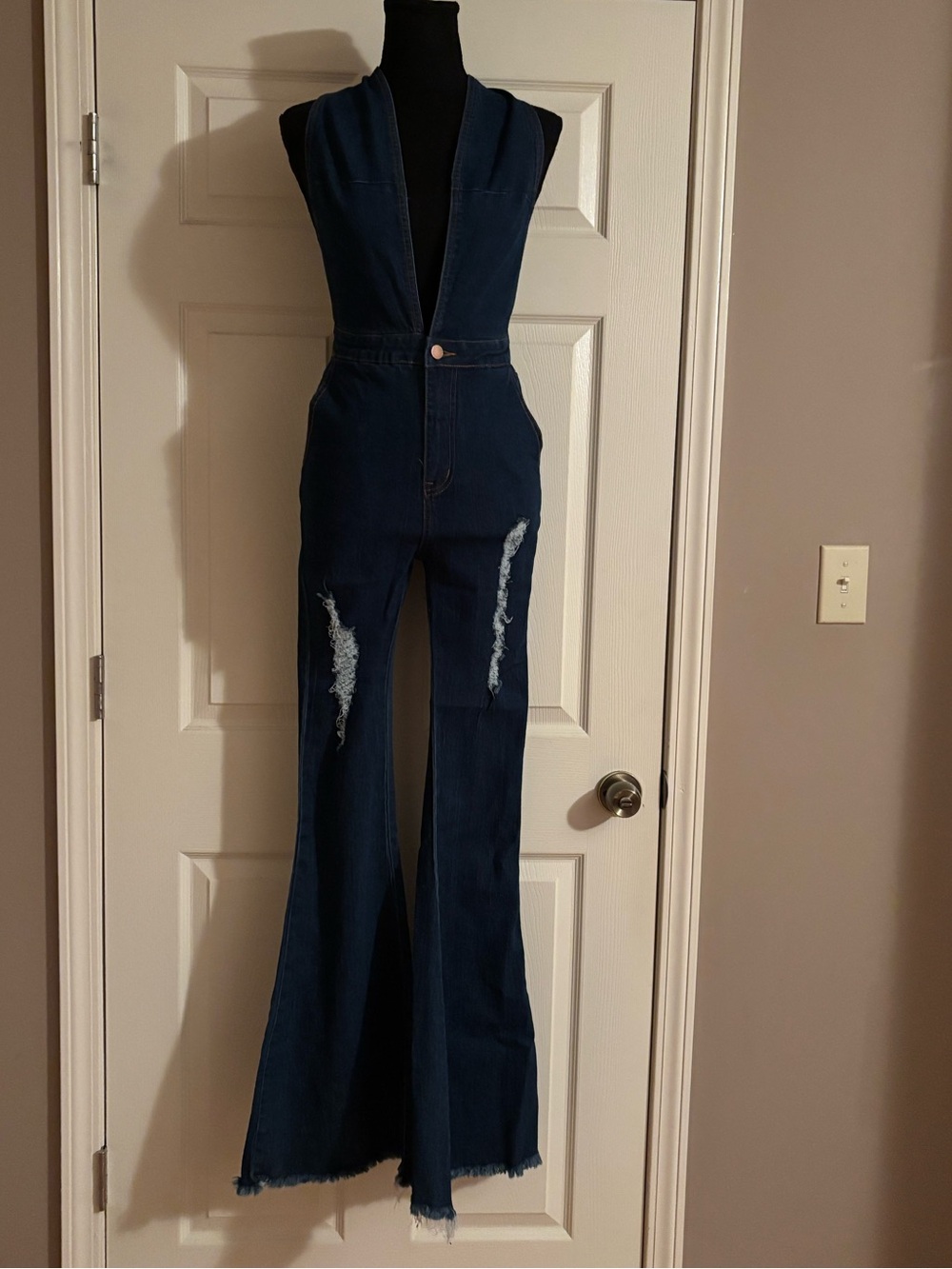 ONCE UPON A DYME Dark Blue Distressed Bell Bottom  Denim Jumpsuit size S NWT
